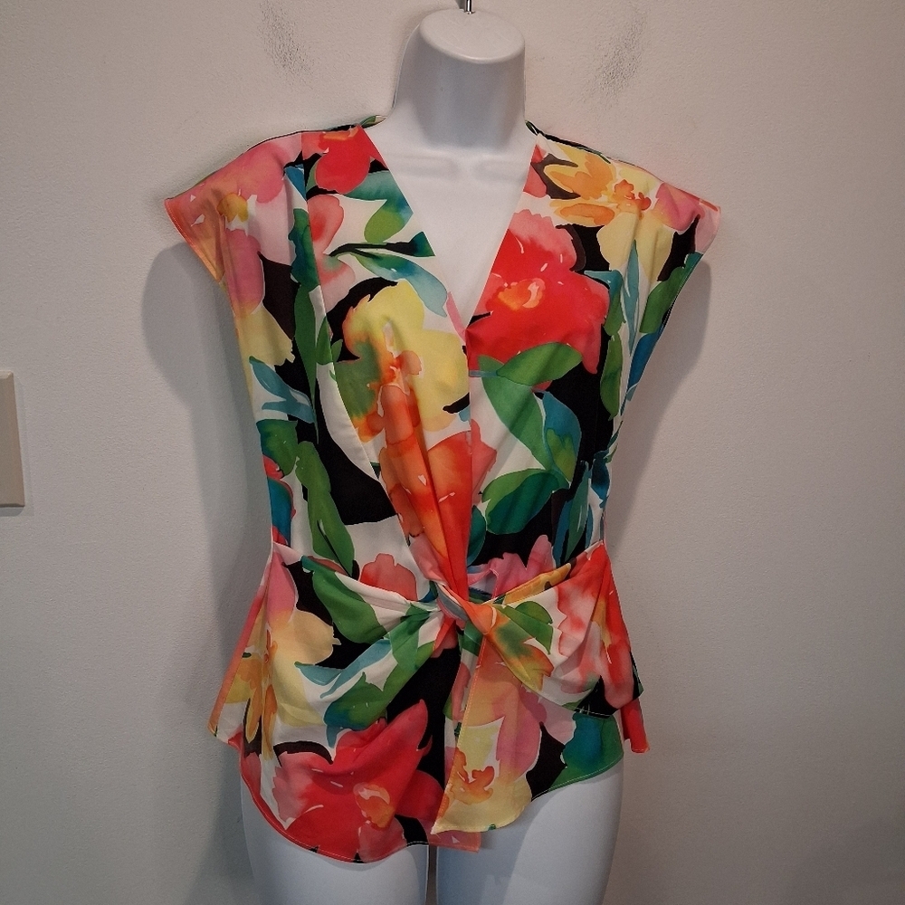 Joseph Ribkoff Size 6 Colorful Floral Print Twist Ruching Detail Blouse
